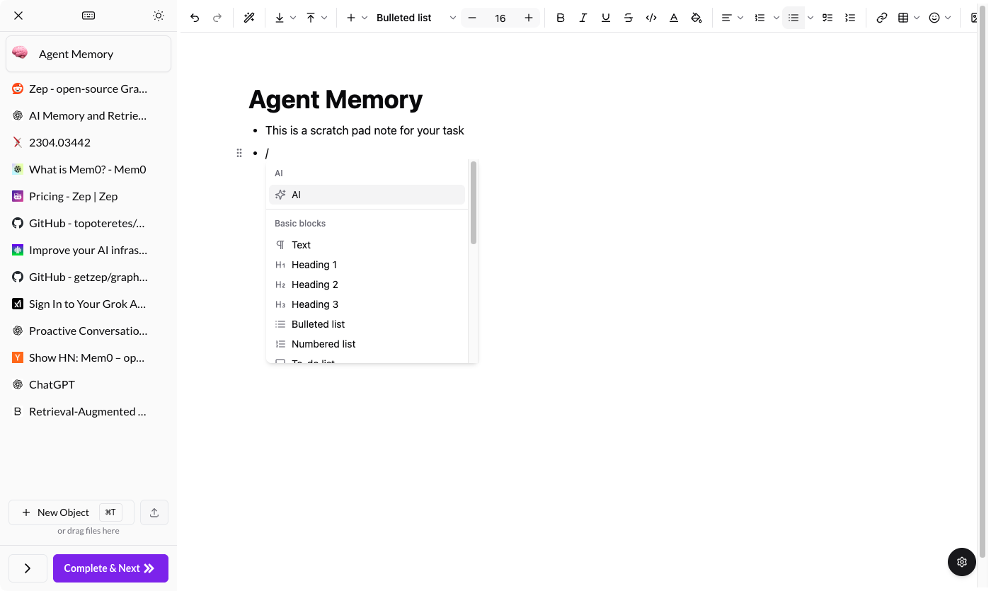 AI-powered task notes with Notion-like editor